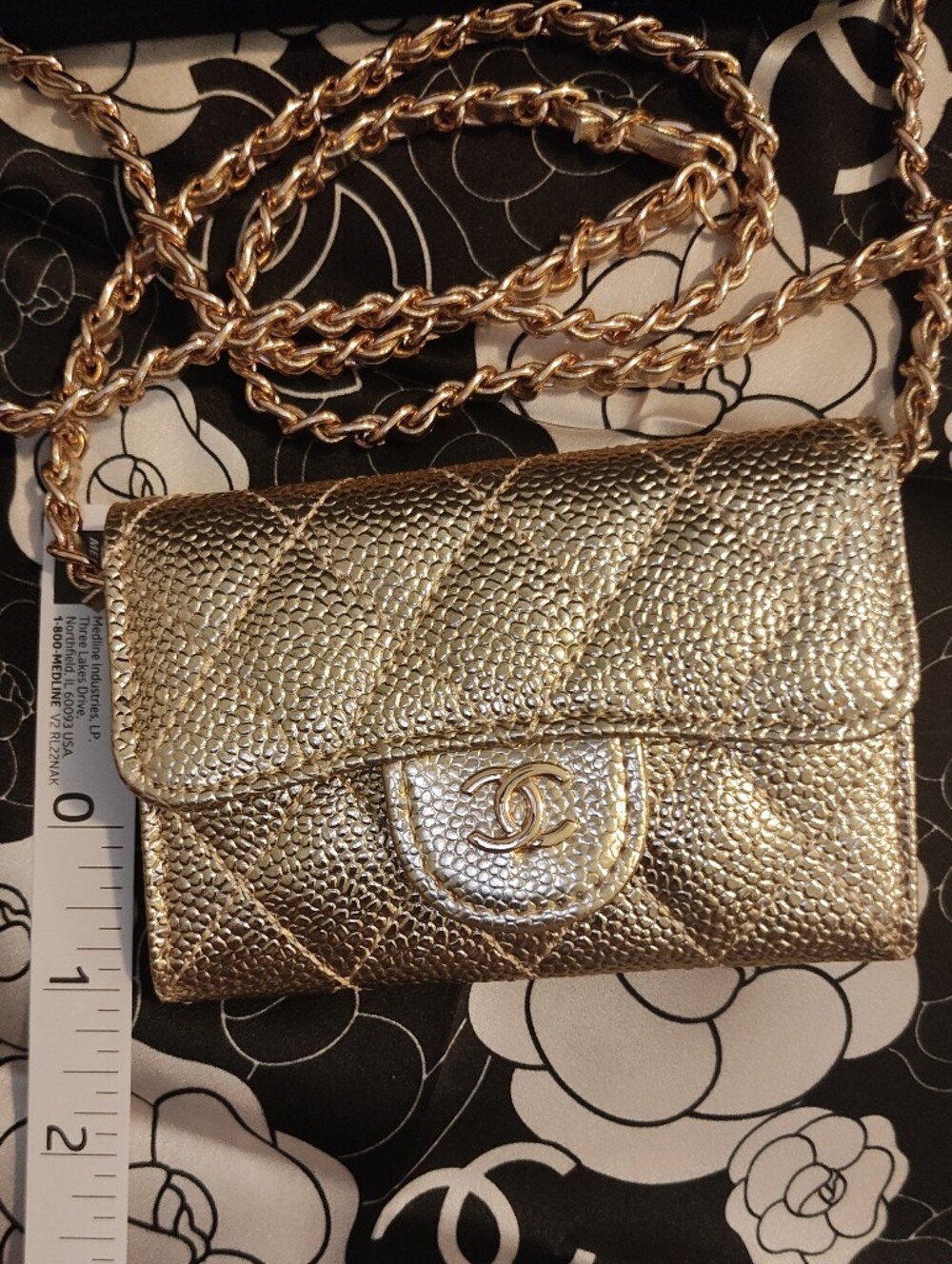 Gold Quilted Mini Crossbody Wallet With Luxury Logo Detail - Picture 9 of 9